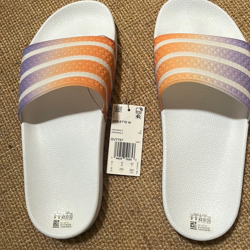 Adidas Adilette slip on purple and orange size 9